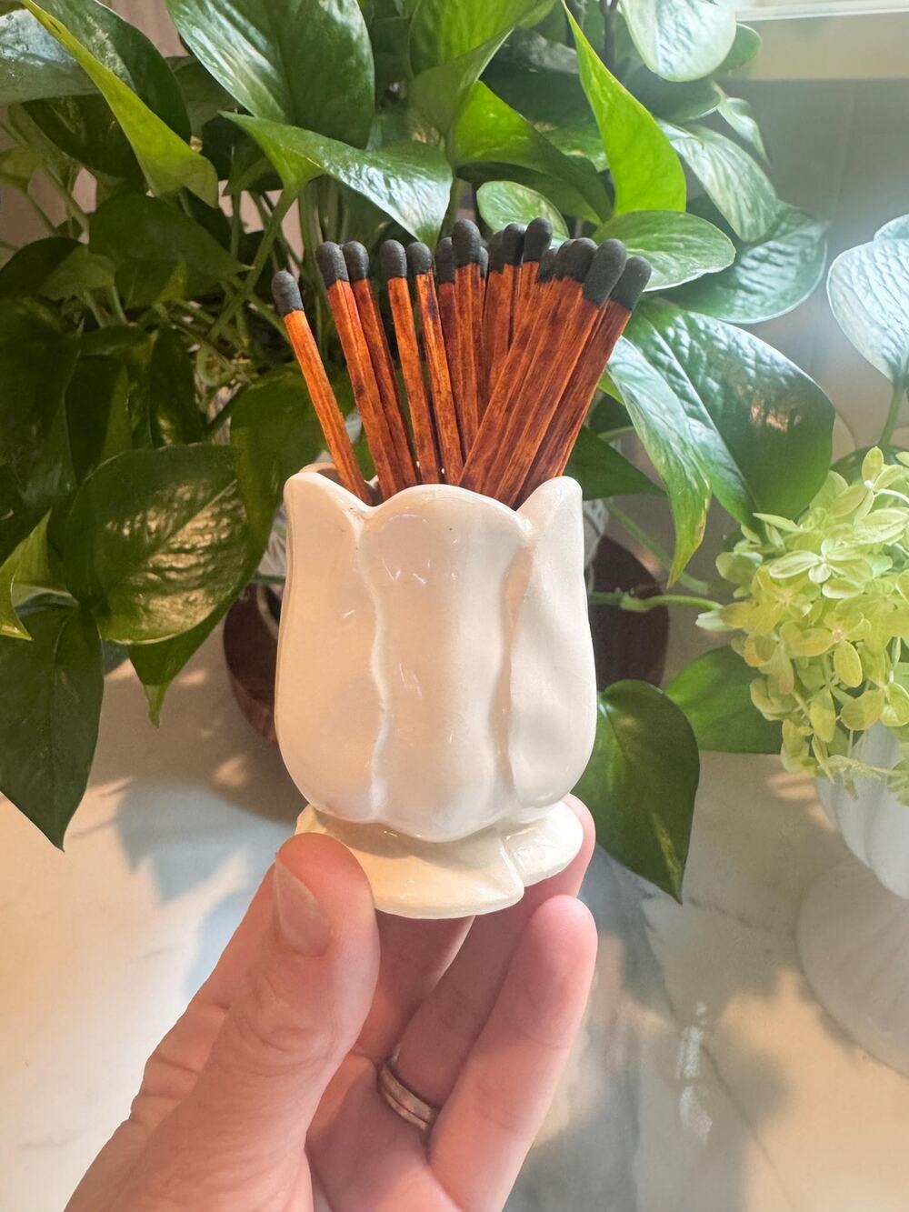 Vintage White Ceramic Tulip Match Holder, Mini Bud Vase, Cottagecore Decor